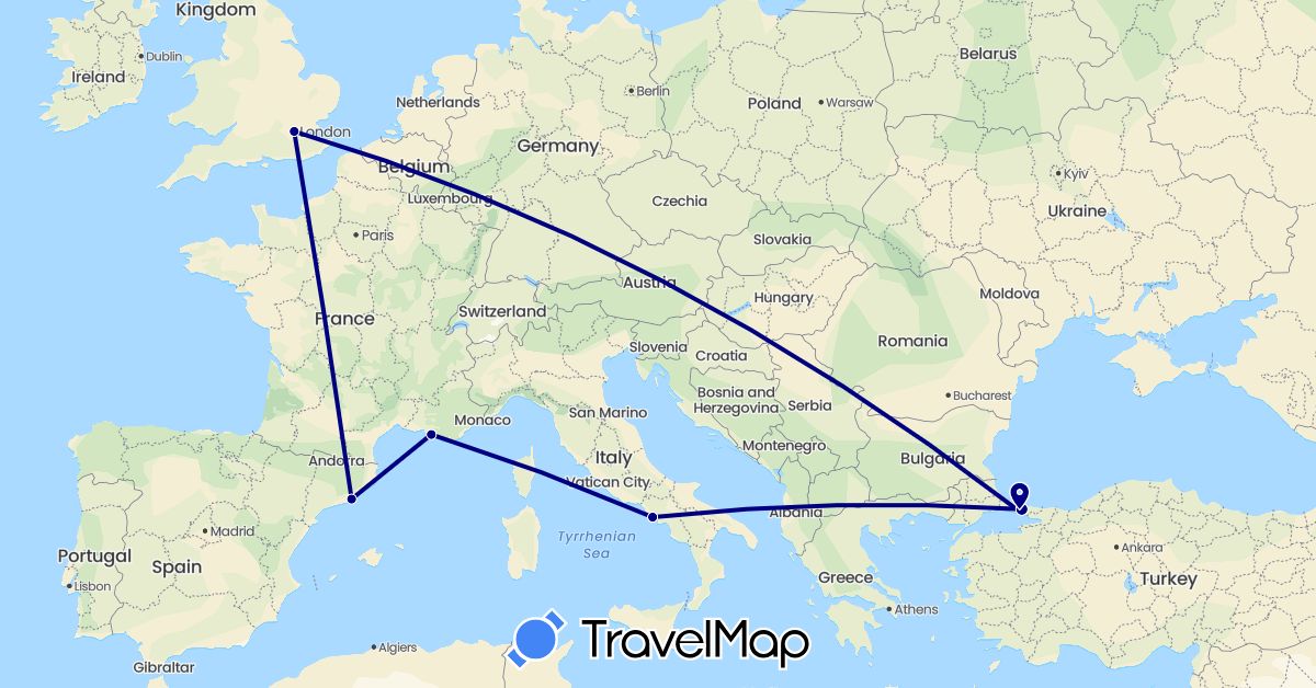 TravelMap itinerary: driving in Spain, France, United Kingdom, Italy, Turkey (Asia, Europe)